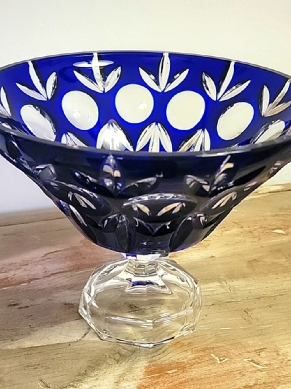 Bleikristall Crystal Cobalt Blue Cut Glass Pedestal Bowl - Decorative Home Art
